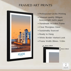 Agadir Morocco Wall Art framed print showcasing coastal architecture and vibrant sunset colors.