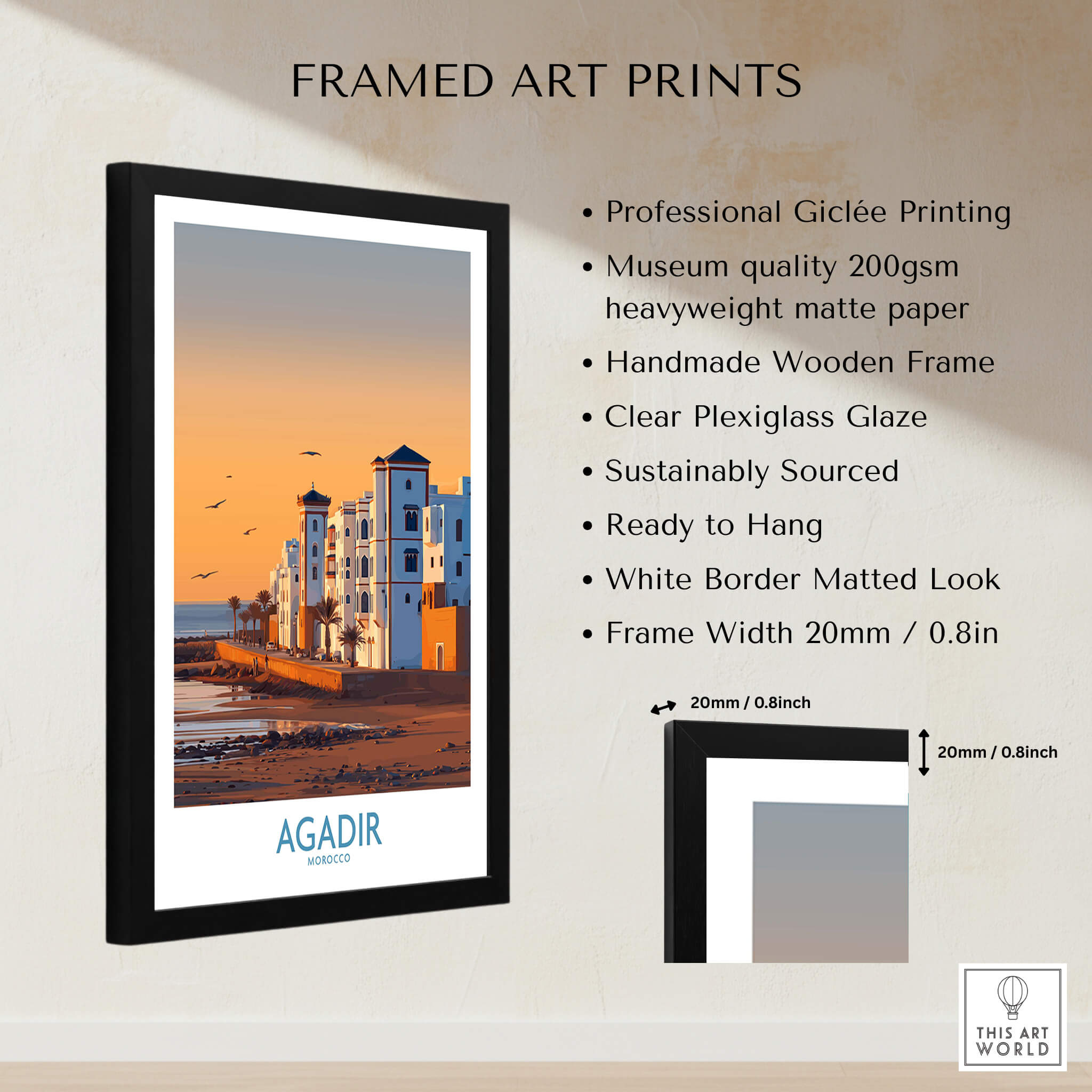 Agadir Morocco Wall Art framed print showcasing coastal architecture and vibrant sunset colors.
