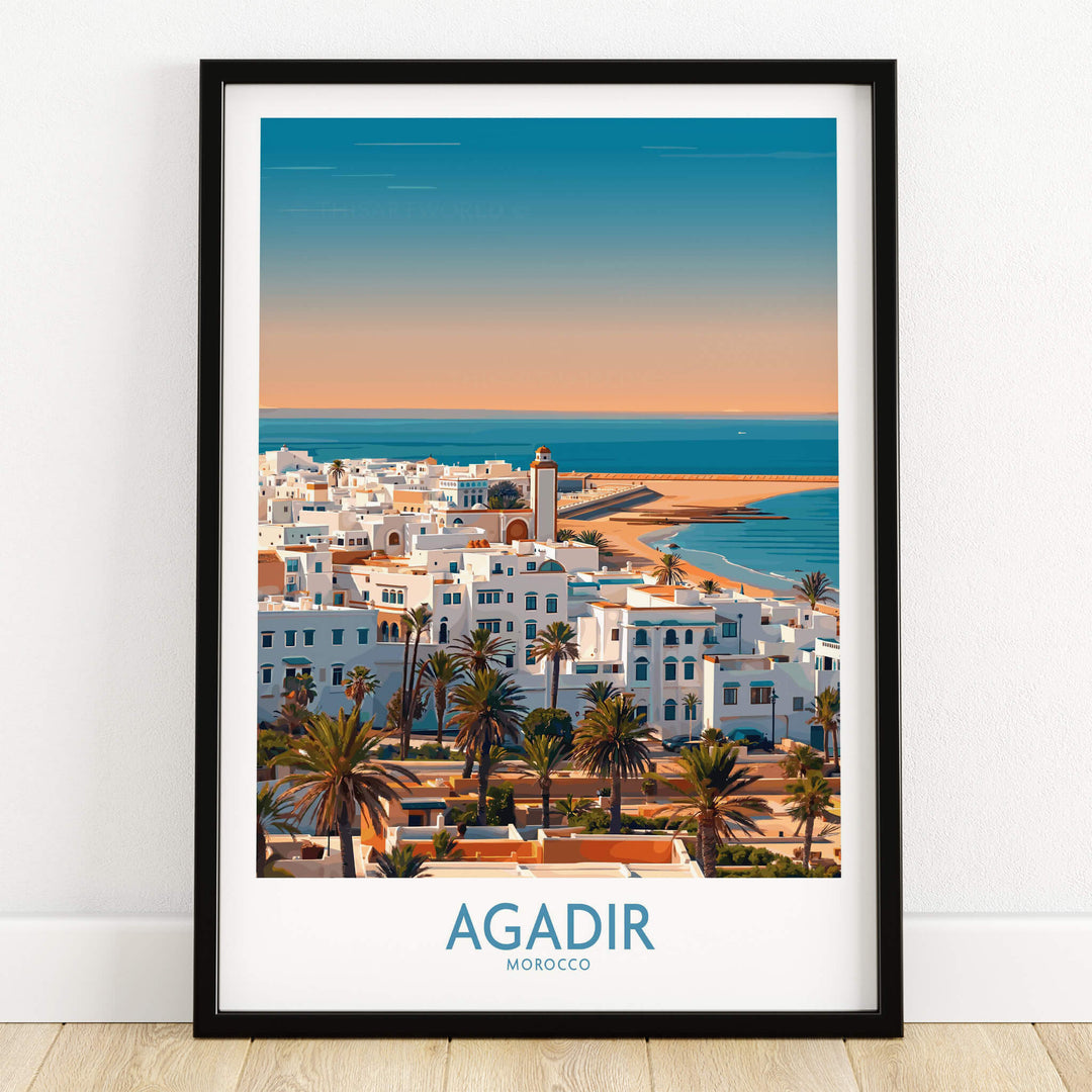Agadir Morocco Wall Art – Mediterranean Canvas Art showcasing a stunning coastal view of Agadir with palm trees and sunset.