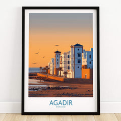 Agadir Morocco Wall Art featuring a coastal scene with vibrant buildings and sunset hues.