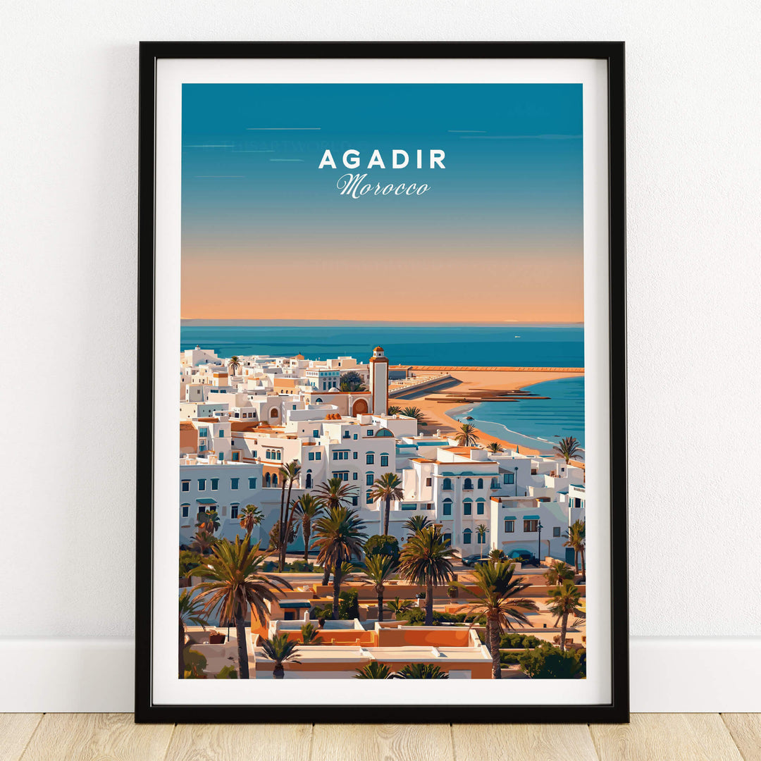 Agadir Travel Poster – City Skyline featuring a vibrant view of Agadir’s coastal landscape and architecture.