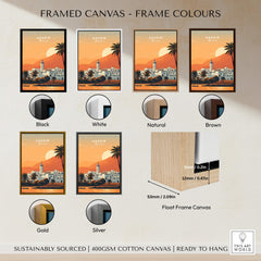 Agadir Travel Poster – Moroccan Mosque and Desert Sunset Art available in various frame colors including black, white, and gold.