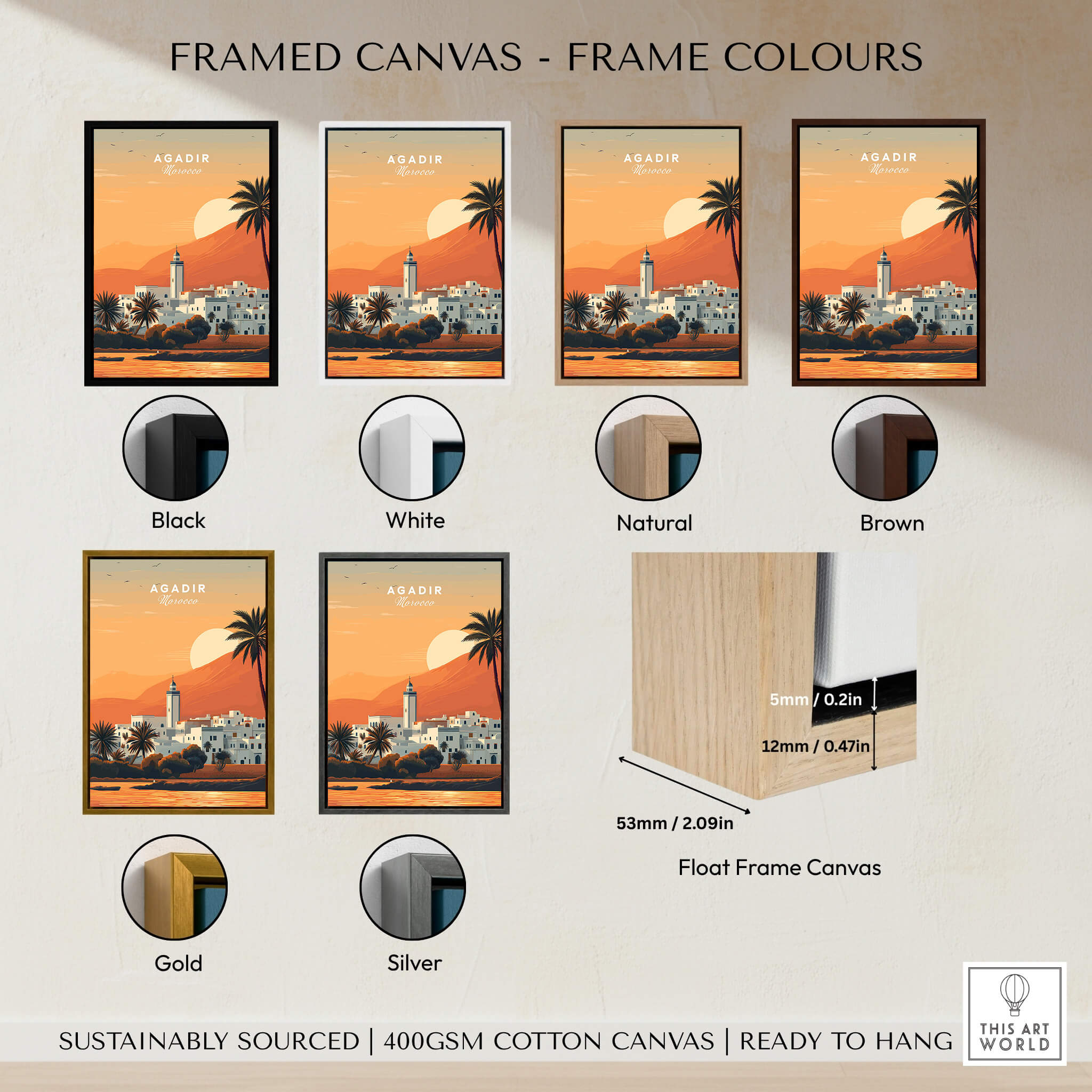 Agadir Travel Poster – Moroccan Mosque and Desert Sunset Art available in various frame colors including black, white, and gold.