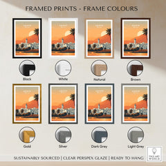 Agadir Travel Poster – Moroccan Mosque and Desert Sunset Art framed in various colors including Black, White, and Gold.