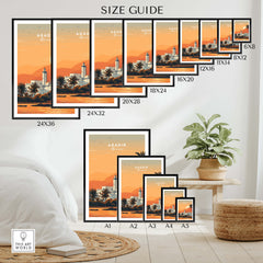 Agadir Travel Poster – Moroccan Mosque and Desert Sunset Art size guide featuring various frame dimensions.