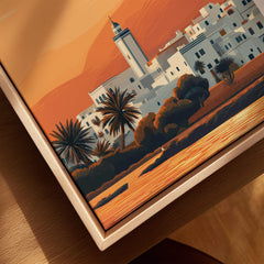 Agadir Travel Poster – Moroccan Mosque and Desert Sunset Art featuring a scenic view of palm trees and buildings at sunset.
