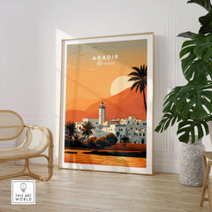 Agadir Travel Poster – Moroccan Mosque and Desert Sunset Art showcasing a mosque and sunset in warm hues.