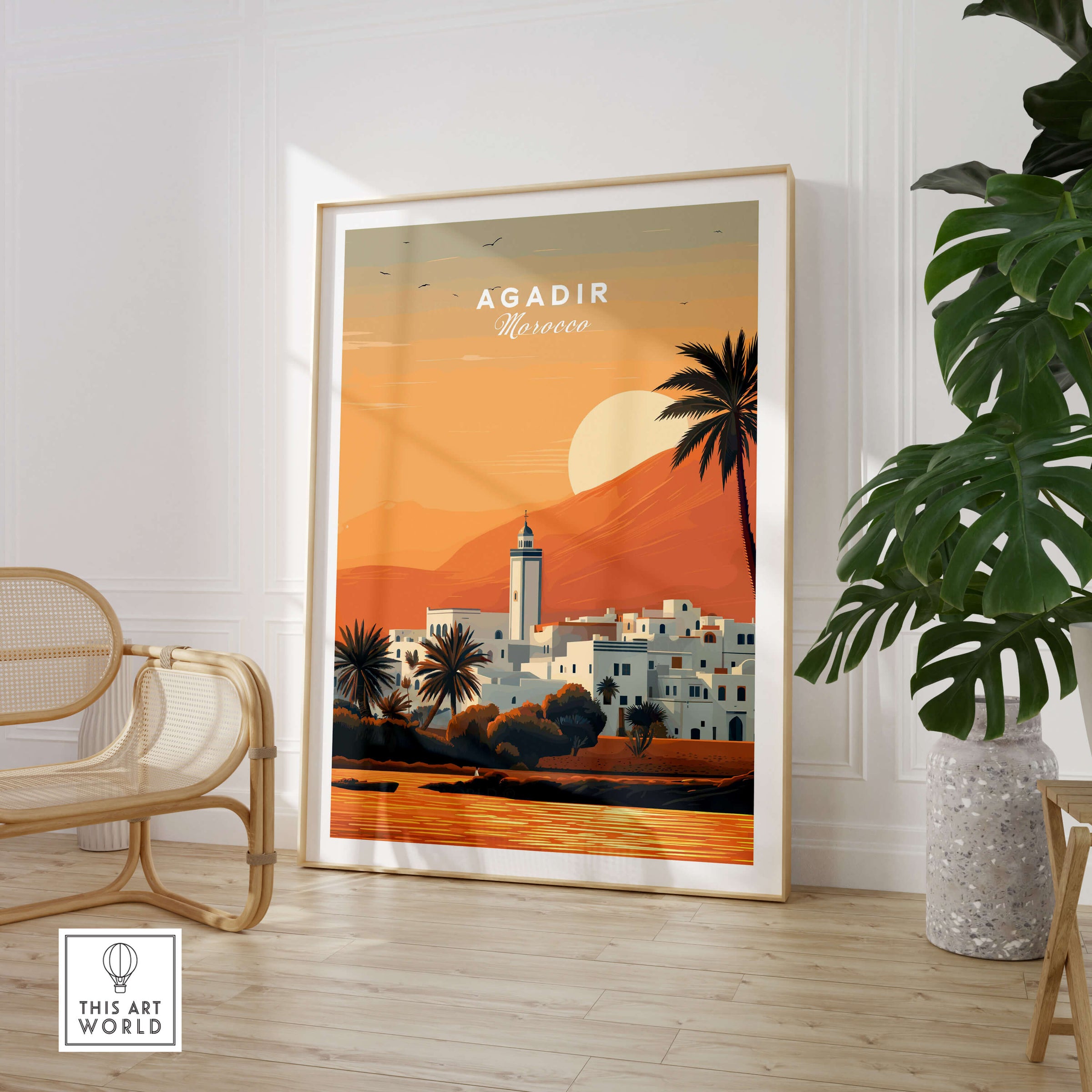 Agadir Travel Poster – Moroccan Mosque and Desert Sunset Art showcasing a mosque and sunset in warm hues.