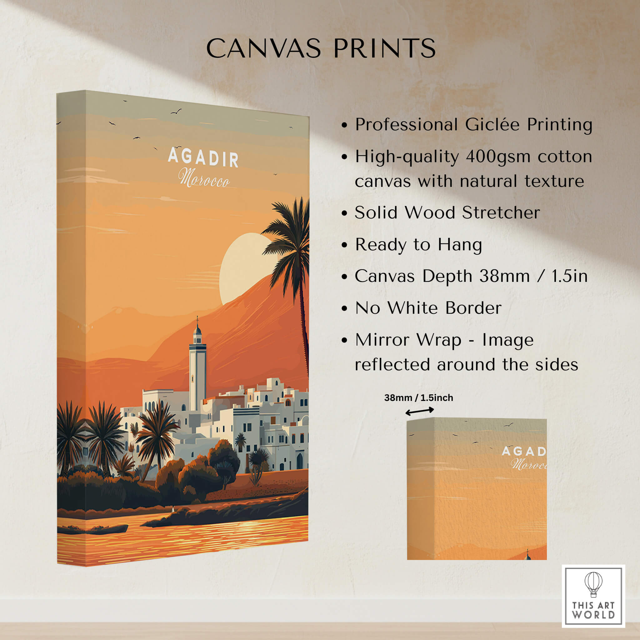 Agadir Travel Poster – Moroccan Mosque and Desert Sunset Art canvas print showcasing professional giclée printing.