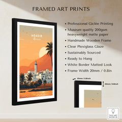 Agadir Travel Poster – Moroccan Mosque and Desert Sunset Art framed print showcasing vibrant colors and design.
