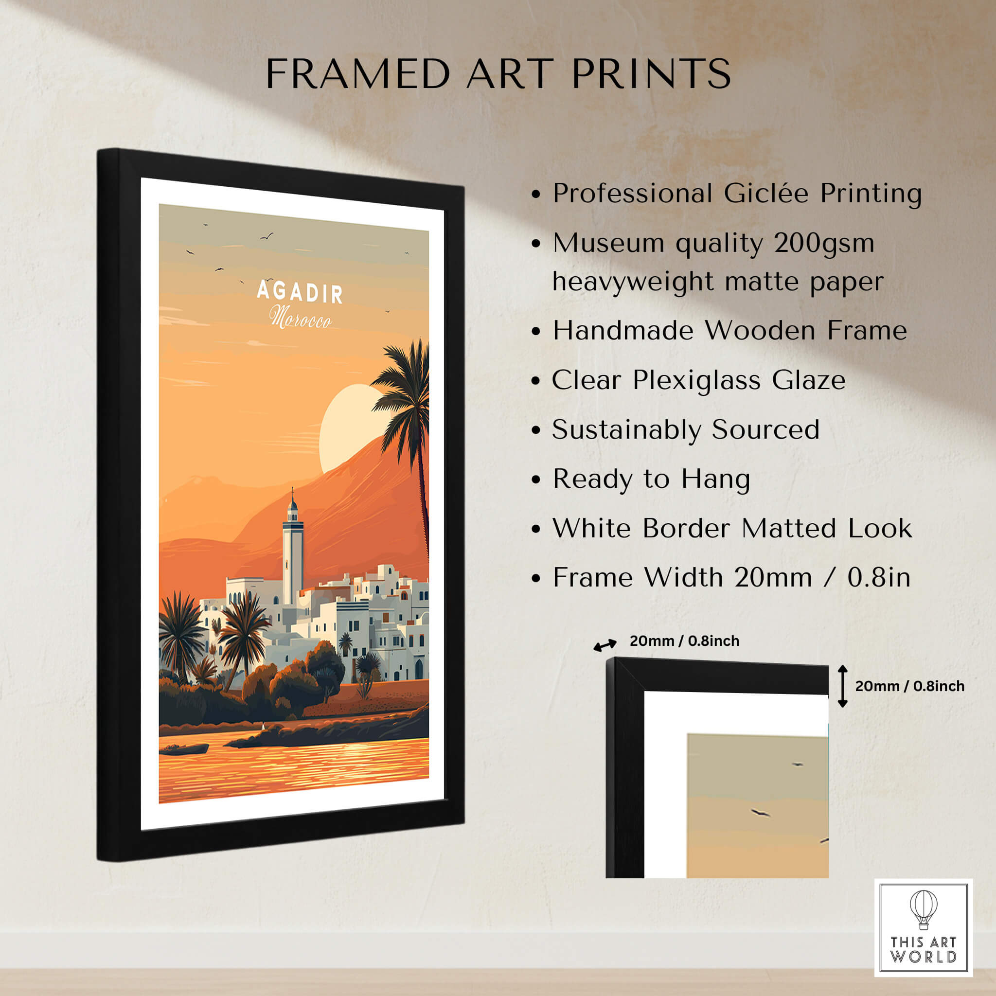 Agadir Travel Poster – Moroccan Mosque and Desert Sunset Art framed print showcasing vibrant colors and design.