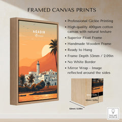 Agadir Travel Poster – Moroccan Mosque and Desert Sunset Art framed canvas print showcasing vibrant Moroccan landscape.