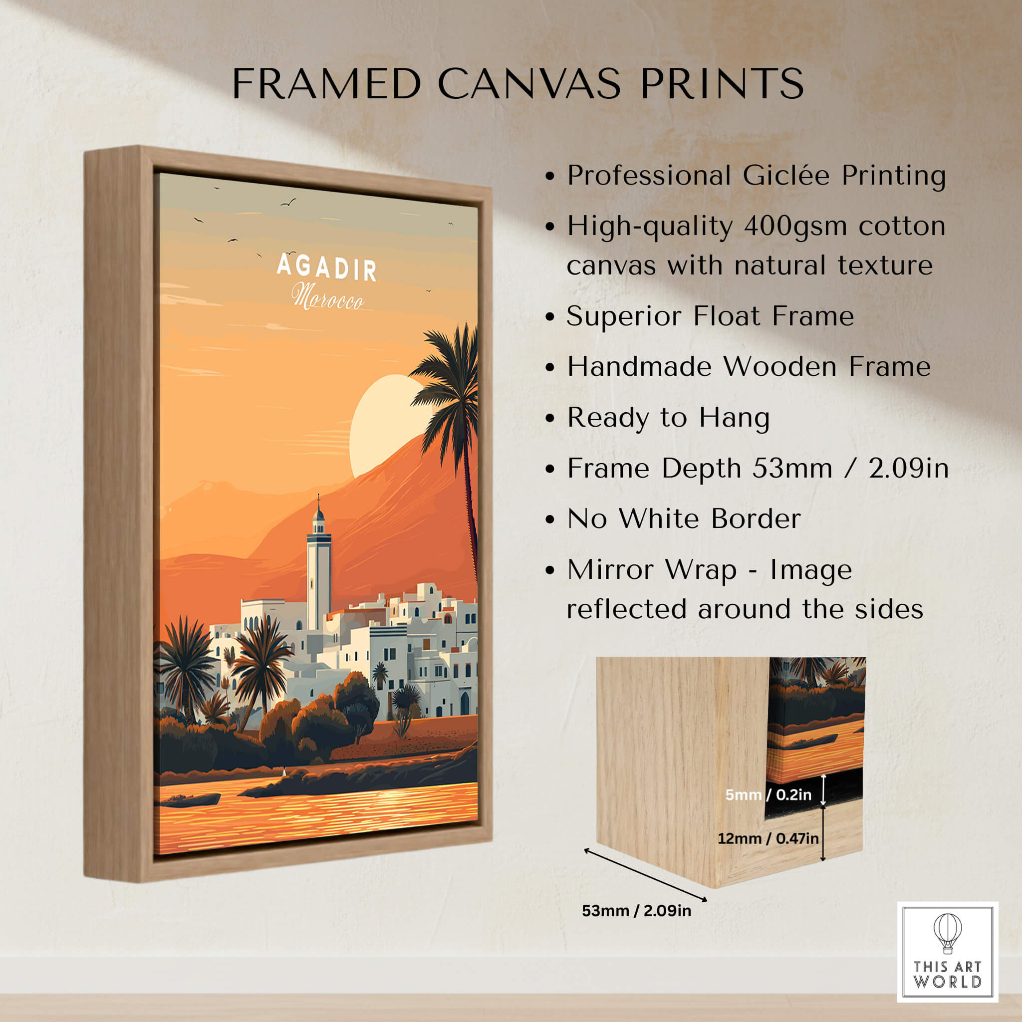 Agadir Travel Poster – Moroccan Mosque and Desert Sunset Art framed canvas print showcasing vibrant Moroccan landscape.