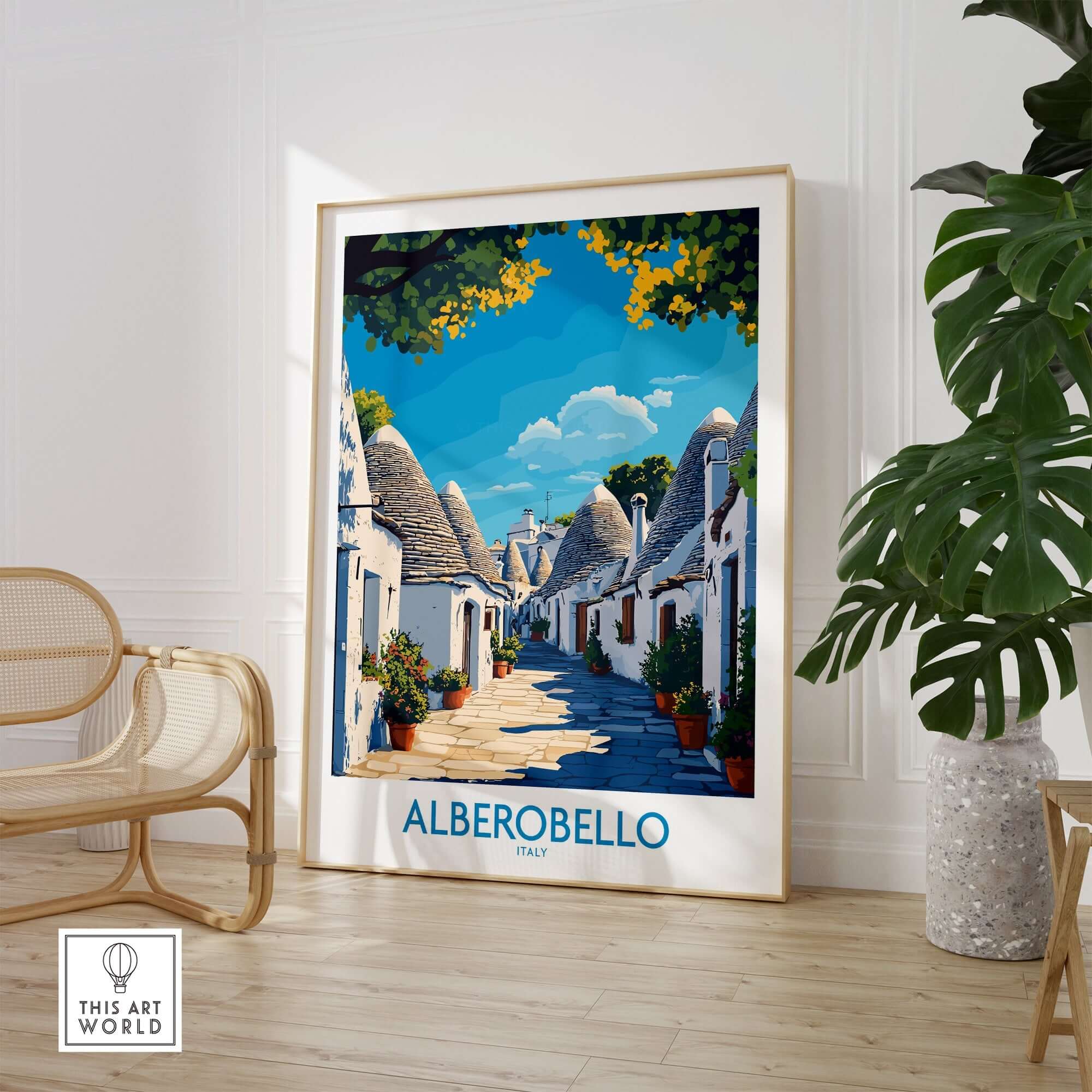 Alberobello Print Italy showcasing charming architecture and vibrant colors, perfect for home decor.