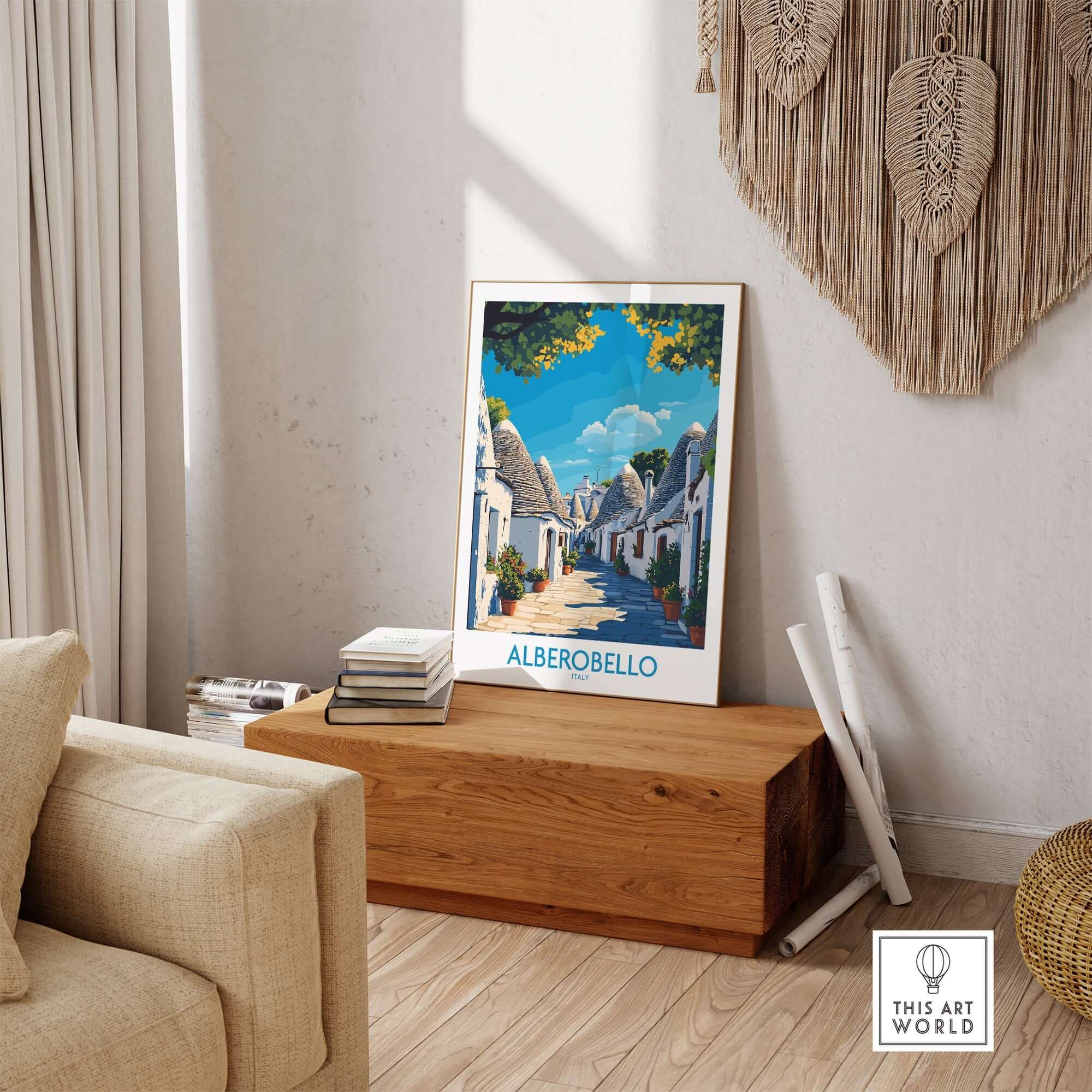 Alberobello Print Italy showcasing the charming architecture of Alberobello in a stylish home decor setting.