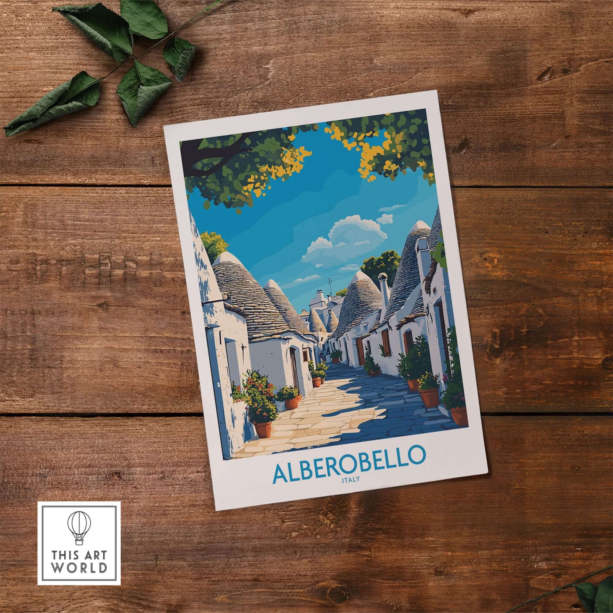 Alberobello Print Italy showcasing the charming landscape and iconic architecture of Alberobello, Italy.