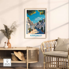 Alberobello Print Italy showcasing charming architecture in a cozy living space.