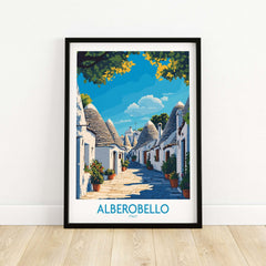 Alberobello Print Italy showcasing picturesque streets and traditional architecture of the historic town.