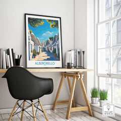 Alberobello Print Italy showcasing charming Italian architecture in a stylish home office decor setting.