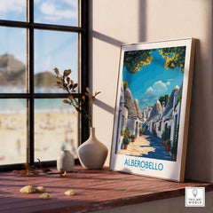 Alberobello Print Italy displayed in a sunny room, showcasing the unique architecture and scenic beauty of the town.