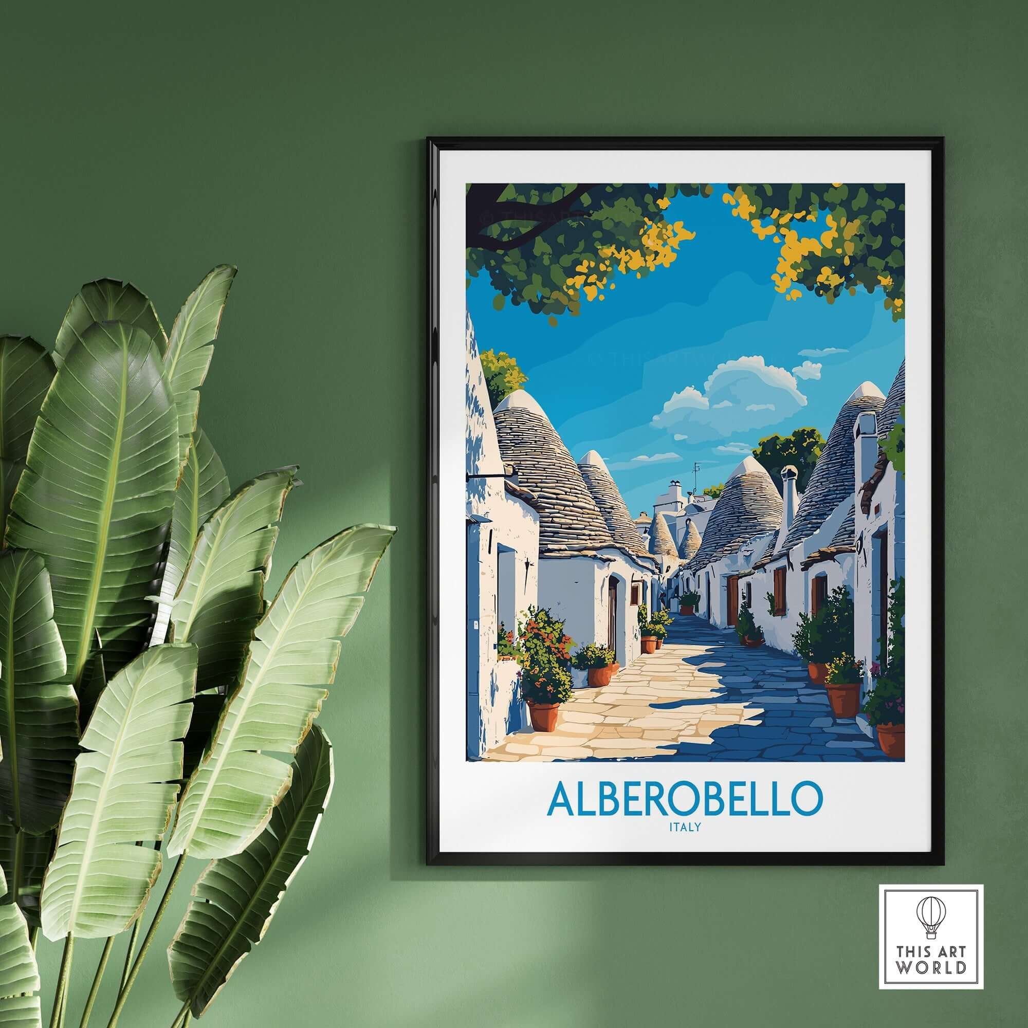 Alberobello Print Italy showcasing the charming architecture and scenic landscape of Alberobello, Italy.