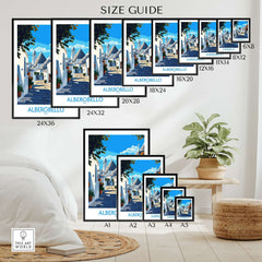 Alberobello Travel Poster size guide showcasing various dimensions for prints on a stylish home setting.