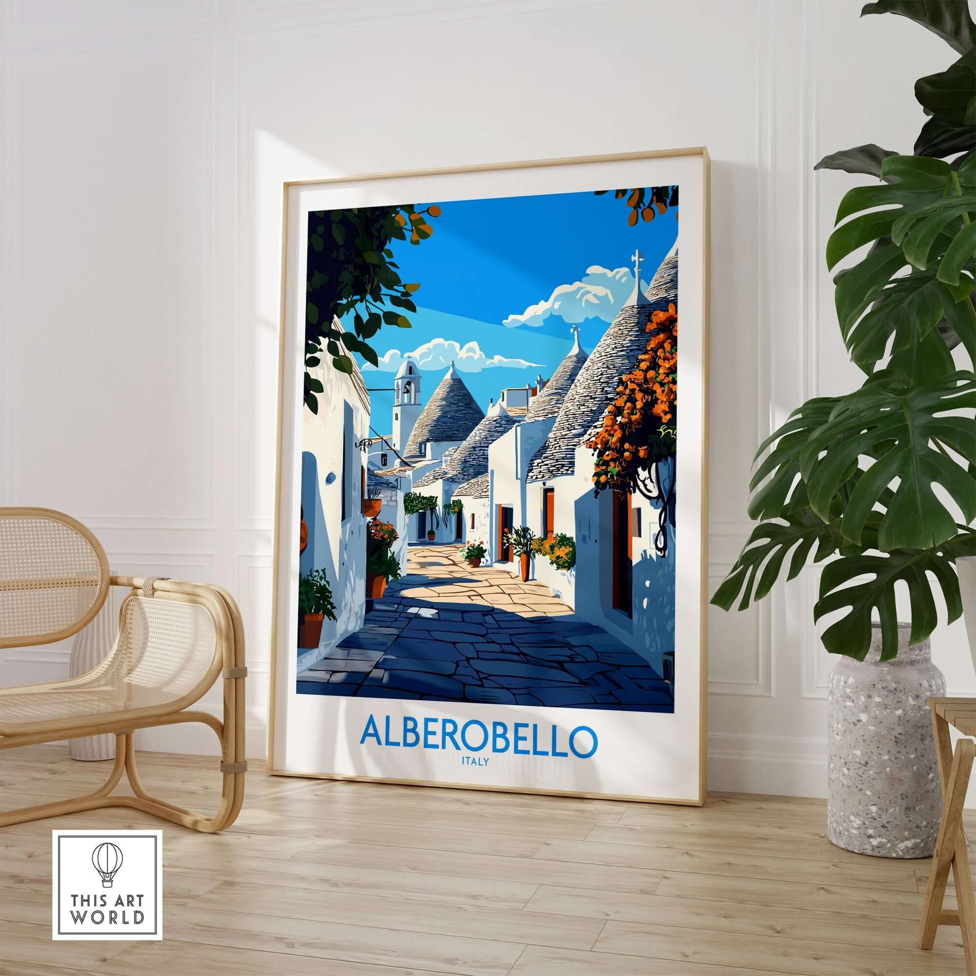 Alberobello Travel Poster showcasing a vibrant street view of the picturesque Italian town of Alberobello.