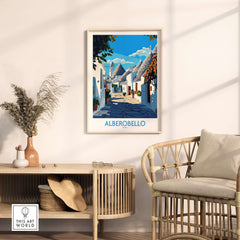 Alberobello Travel Poster showcasing a picturesque street in Alberobello with vibrant colors and charming details.