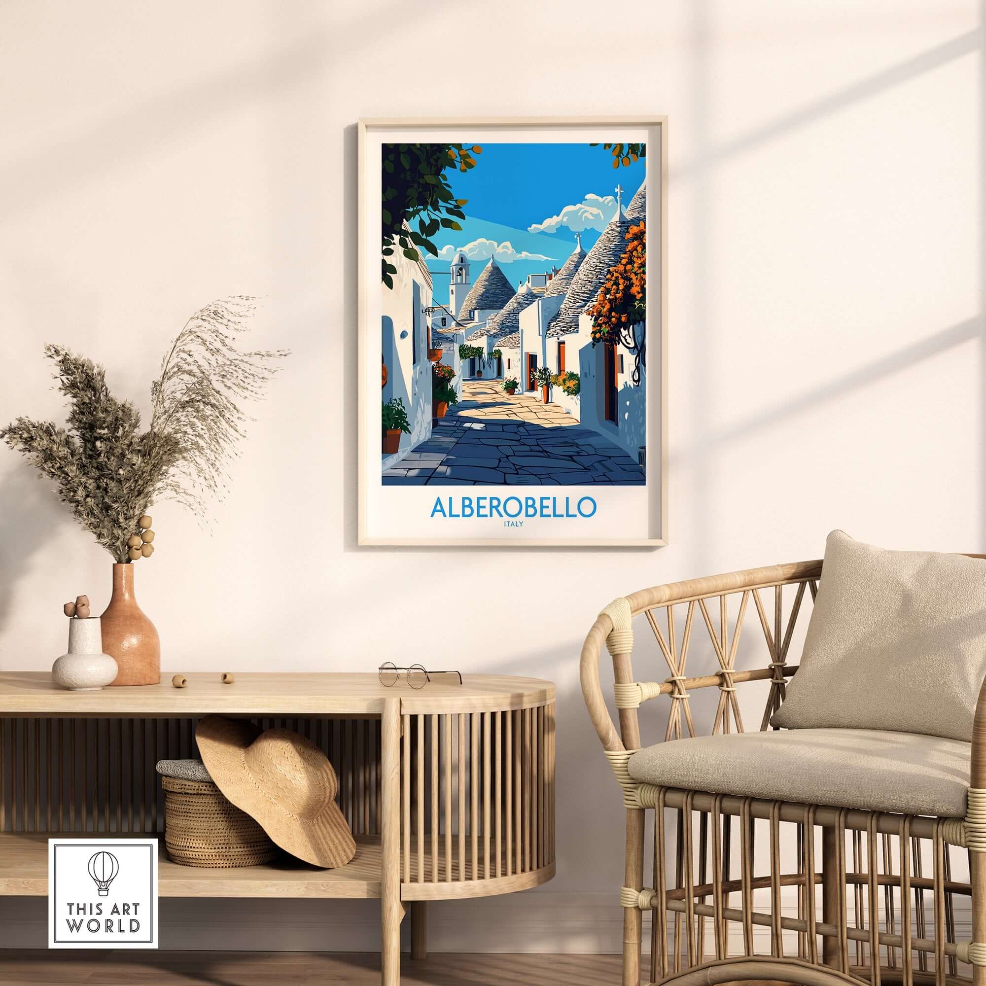Alberobello Travel Poster showcasing a picturesque street in Alberobello with vibrant colors and charming details.