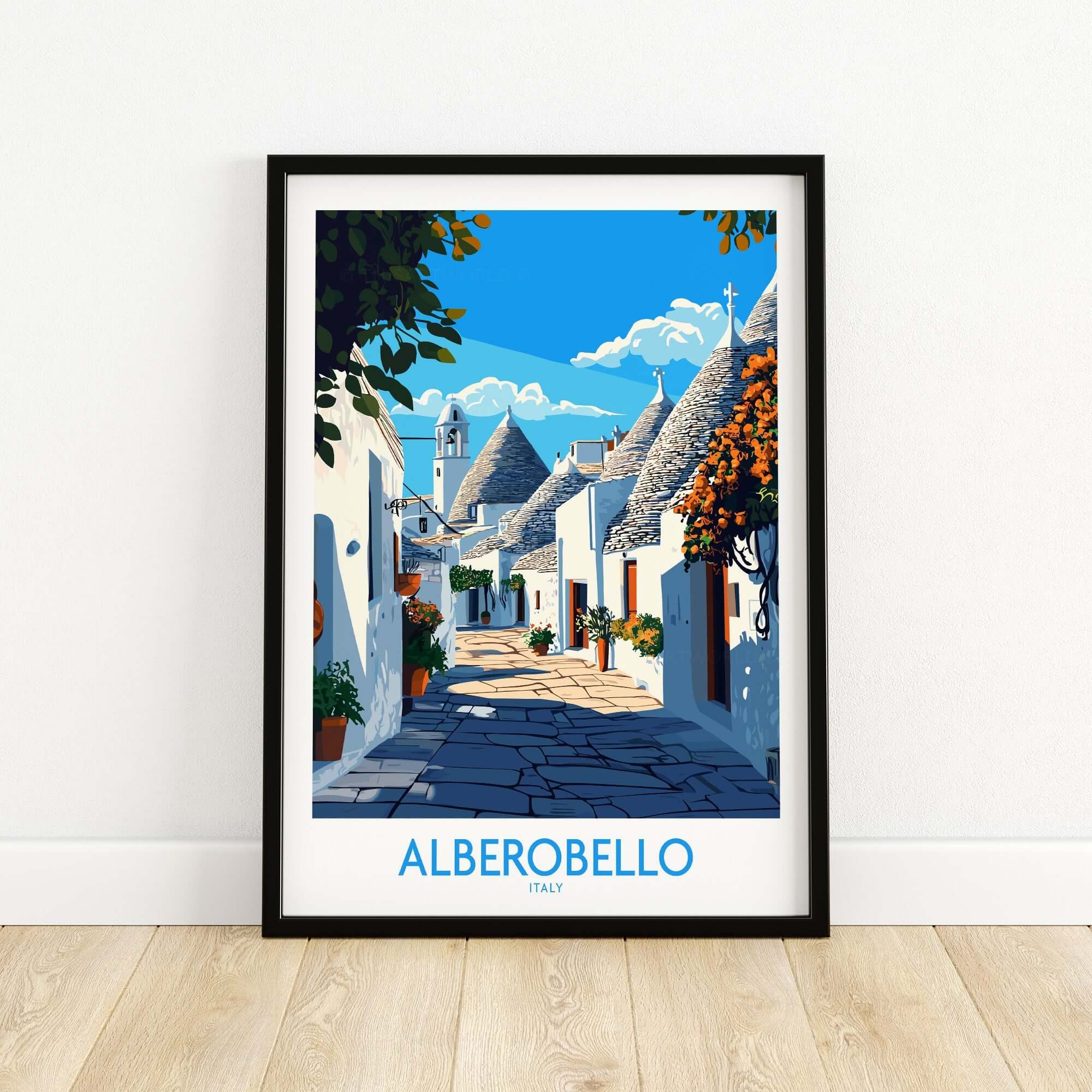 Alberobello Travel Poster showcasing a charming street in Alberobello, Italy with vibrant colors and detailed artwork.