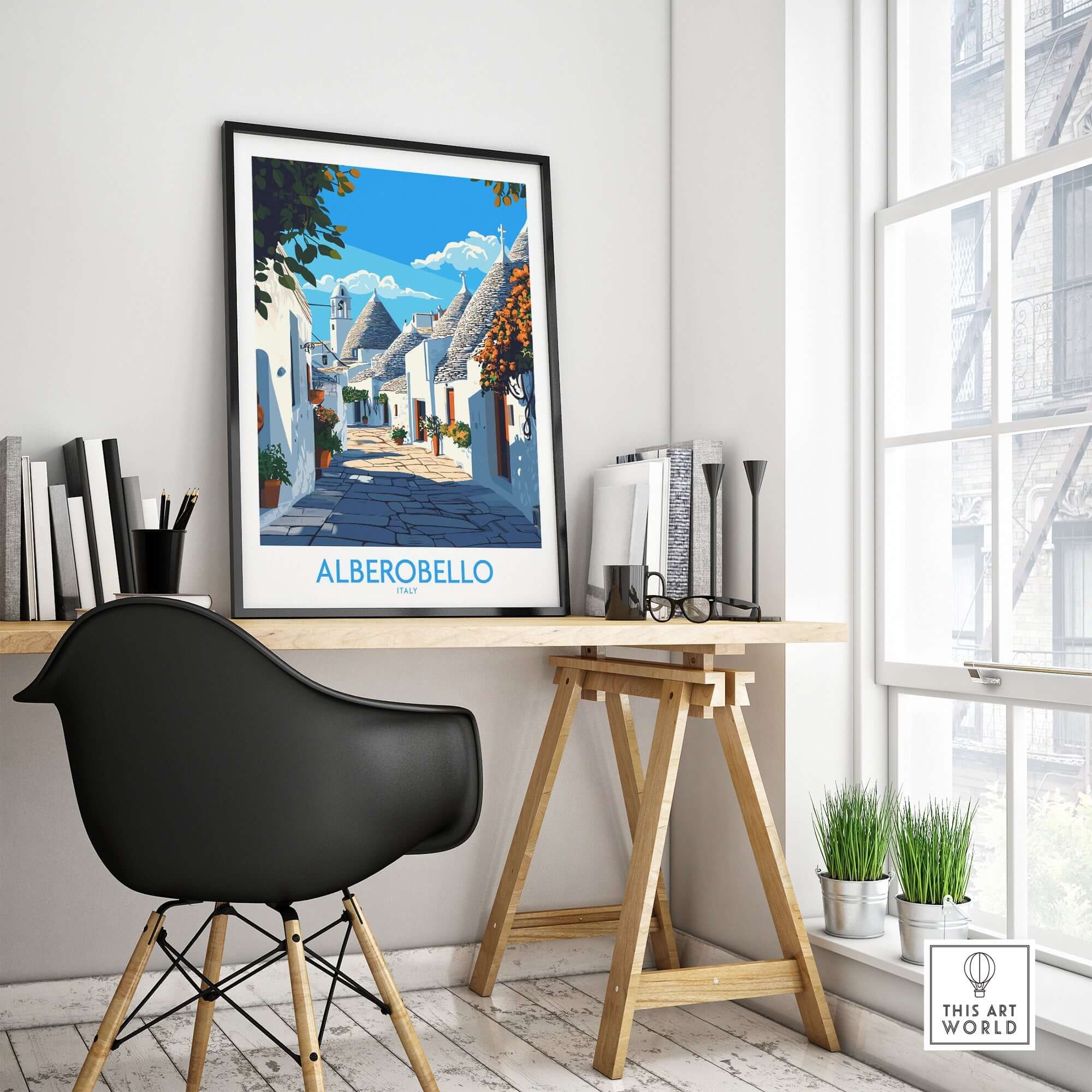 Alberobello Travel Poster displayed in a stylish home office, showcasing the charm of this Italian town.