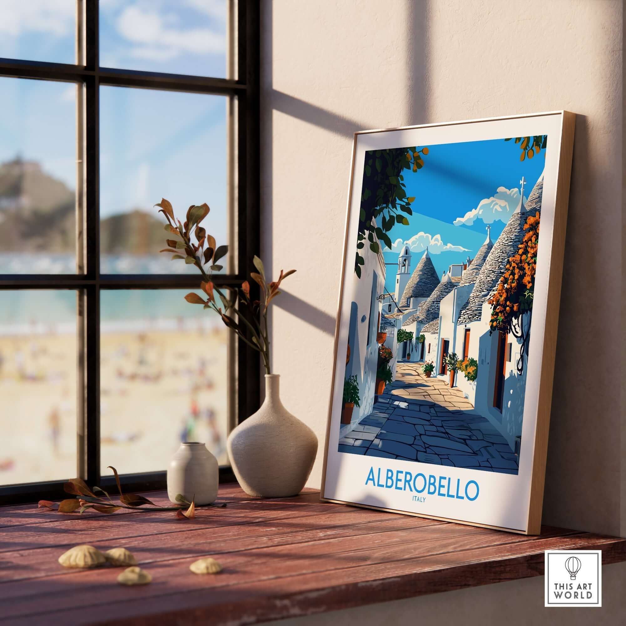 Alberobello Travel Poster showcasing a picturesque street scene with vibrant colors, perfect for home decor.