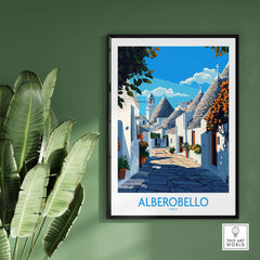 Alberobello Travel Poster showcasing a charming street in Alberobello, Italy with vibrant colors and exquisite detail.