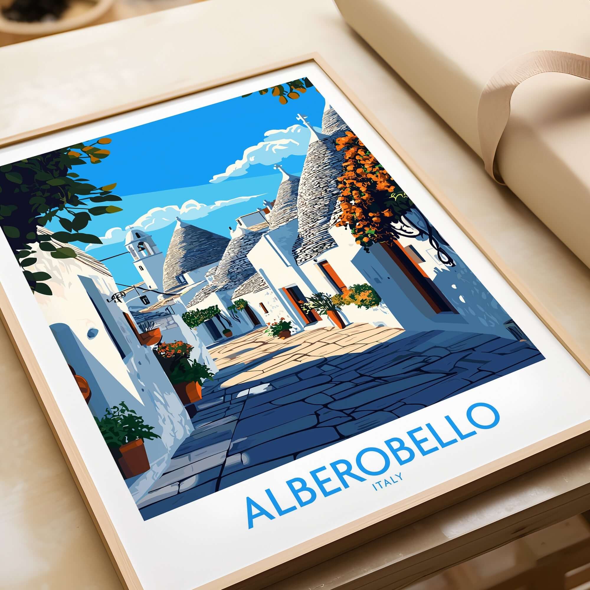 Alberobello Travel Poster showcasing picturesque streets and trulli houses in vibrant colors.