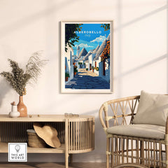 Alberobello Travel Print showcasing charming streets of an Italian village, perfect for travel lovers and wall decor.