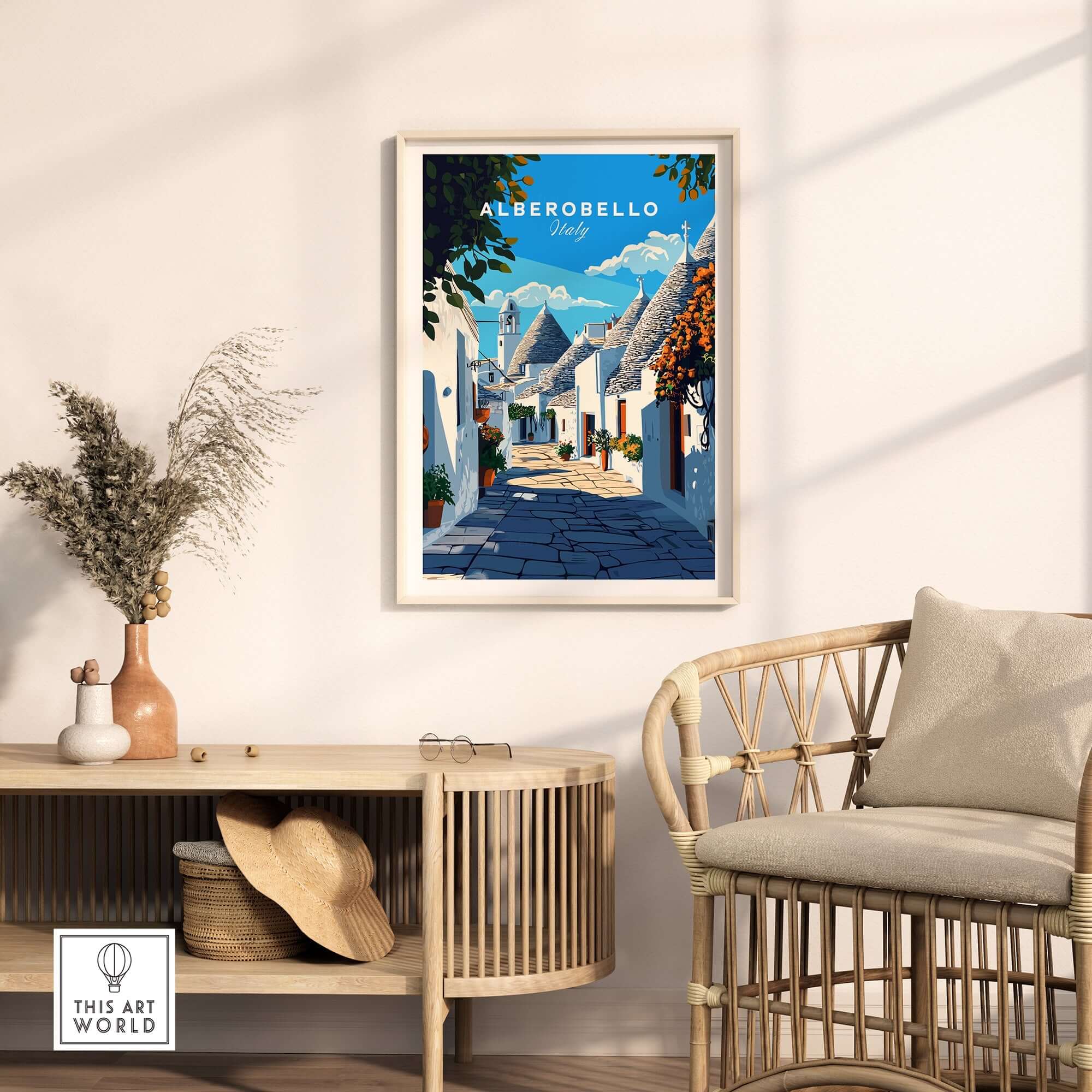 Alberobello Travel Print showcasing charming streets of an Italian village, perfect for travel lovers and wall decor.