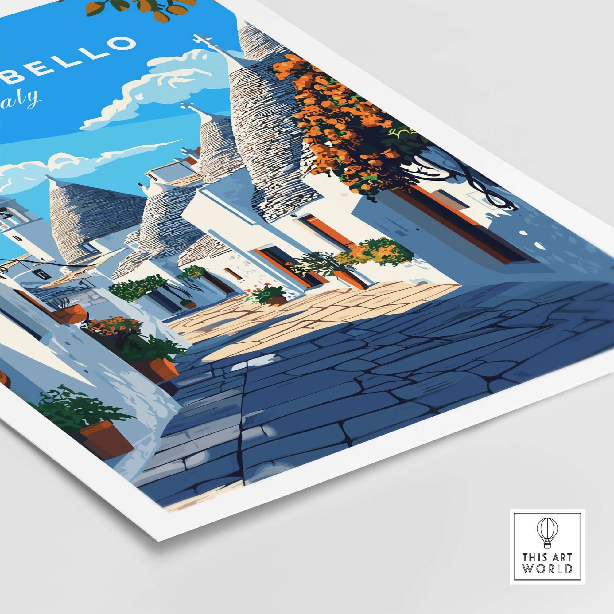 Alberobello Travel Print featuring picturesque cobblestone streets and unique homes in Italy.