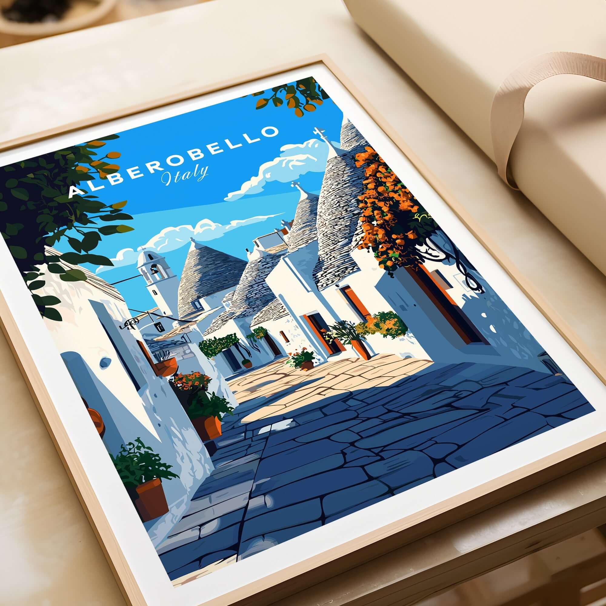 Alberobello Travel Print showcasing the charming streets and unique homes of Alberobello, Italy.