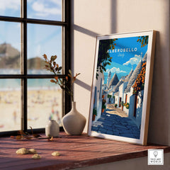 Alberobello Travel Print showcasing the picturesque streets and homes of Alberobello, Italy.