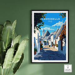 Alberobello Travel Print showcasing the charming streets and unique homes of Italy's Alberobello village.