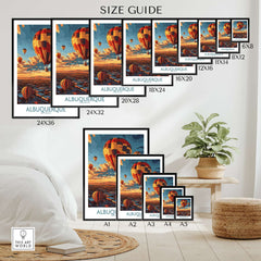 Albuquerque Poster size guide showcasing various dimensions of hot air balloon artwork.