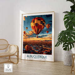 Albuquerque Poster featuring vibrant hot air balloons and stunning scenery of New Mexico.