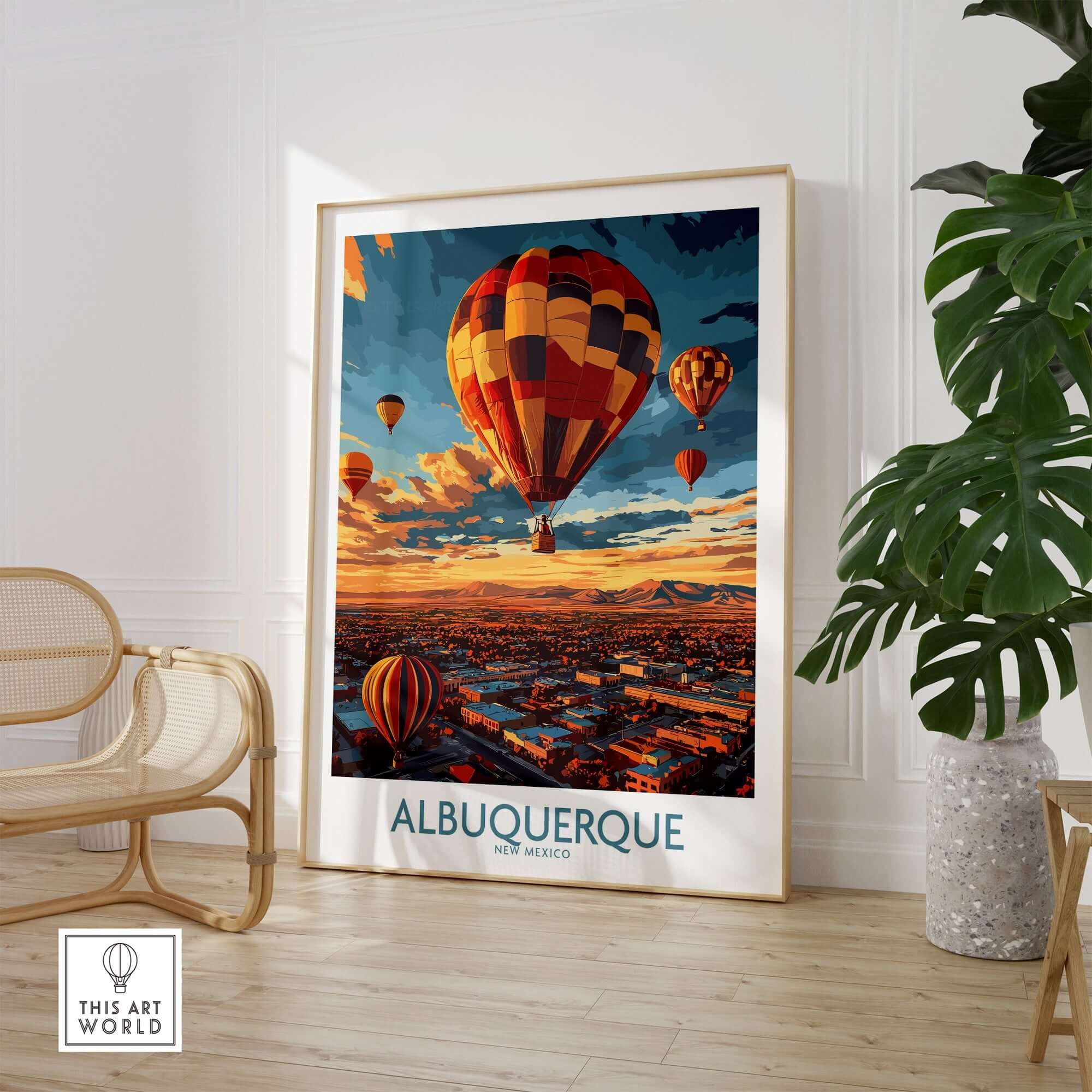 Albuquerque Poster featuring vibrant hot air balloons and stunning scenery of New Mexico.