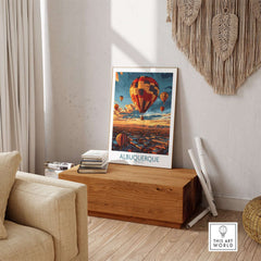 Albuquerque Poster featuring vibrant hot air balloons in a stylish living room setting.