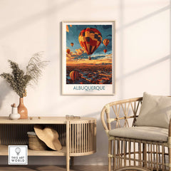 Albuquerque Poster featuring vibrant hot air balloons in a stylish home interior.