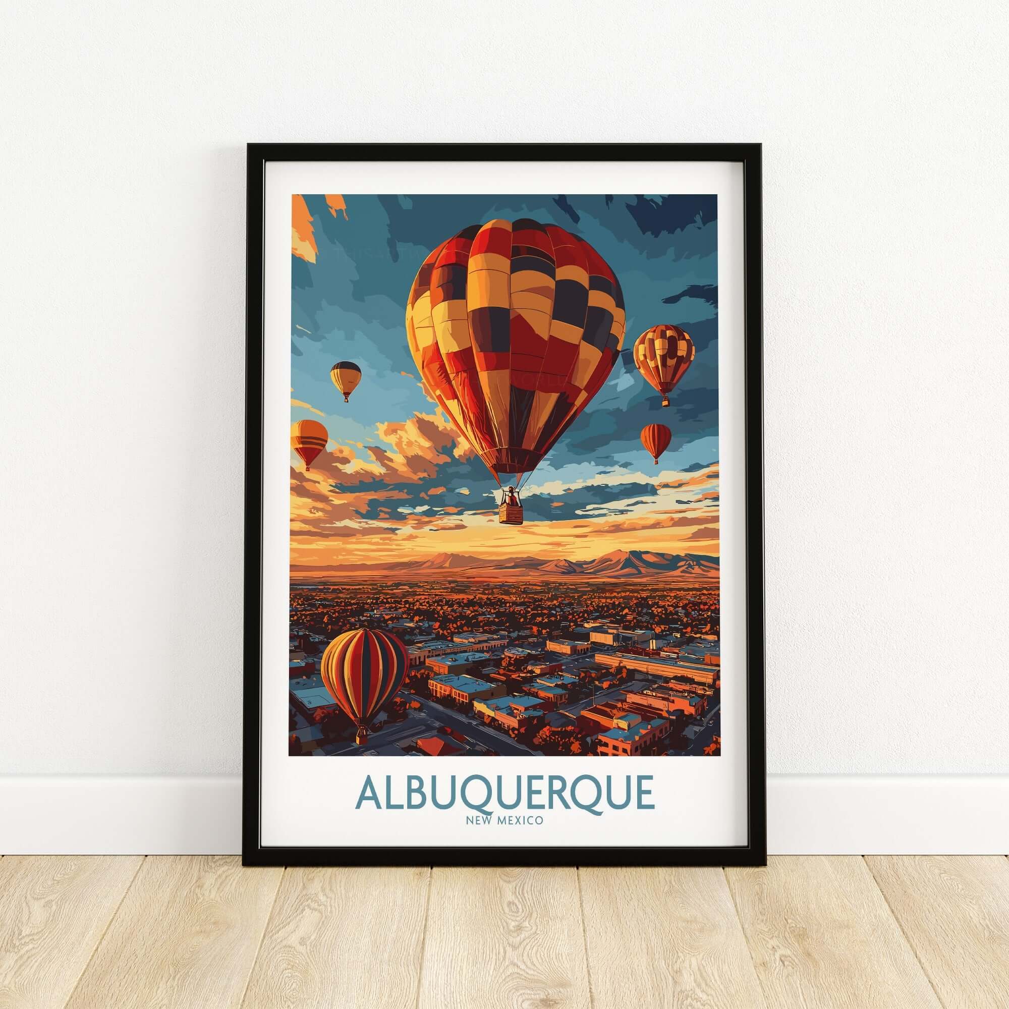 Albuquerque Poster featuring vibrant hot air balloons in the scenic skies of New Mexico.