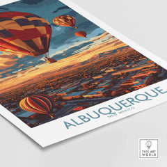 Albuquerque Poster featuring vibrant hot air balloons against a sunset sky, showcasing the beauty of New Mexico.