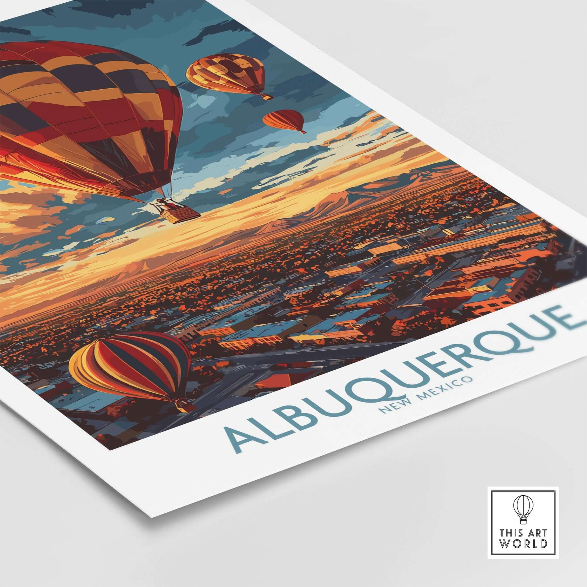 Albuquerque Poster featuring vibrant hot air balloons against a sunset sky, showcasing the beauty of New Mexico.