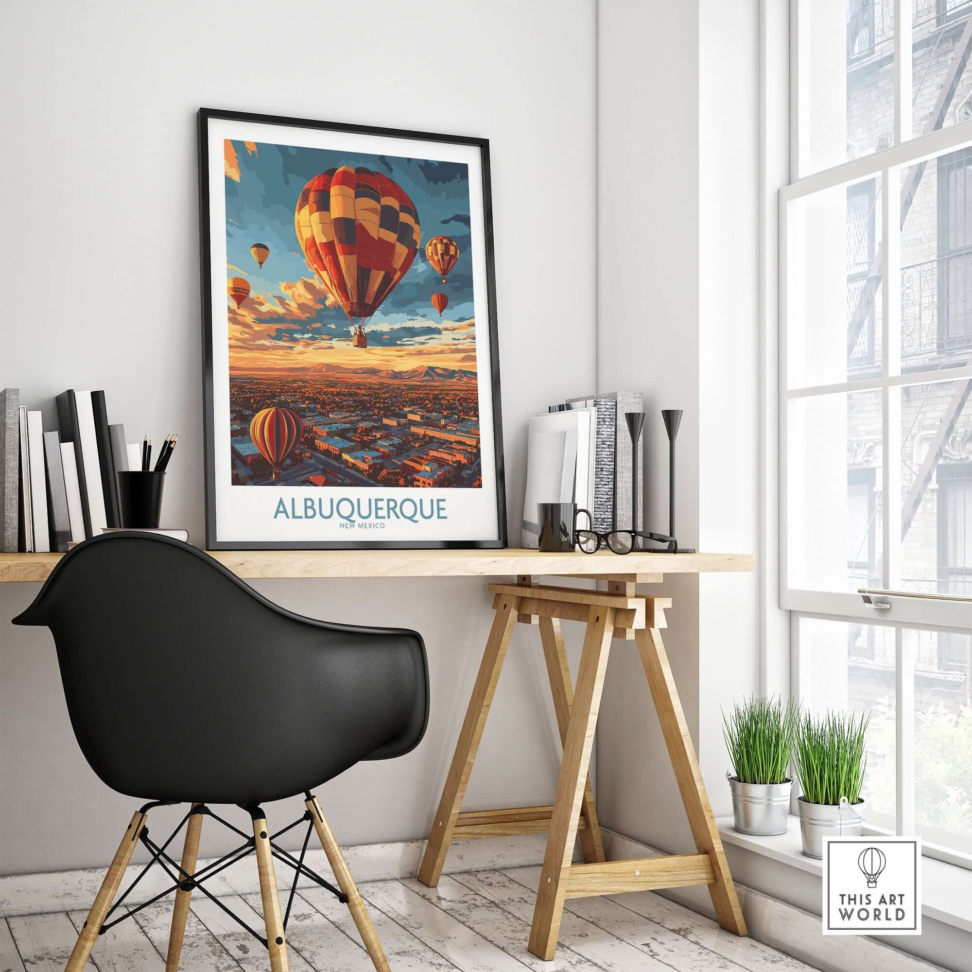 Albuquerque Poster featuring stunning hot air balloons in a vibrant setting, perfect for home or office decor.
