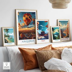 Albuquerque Poster showcasing vibrant culture and hot air balloons, alongside other travel posters.
